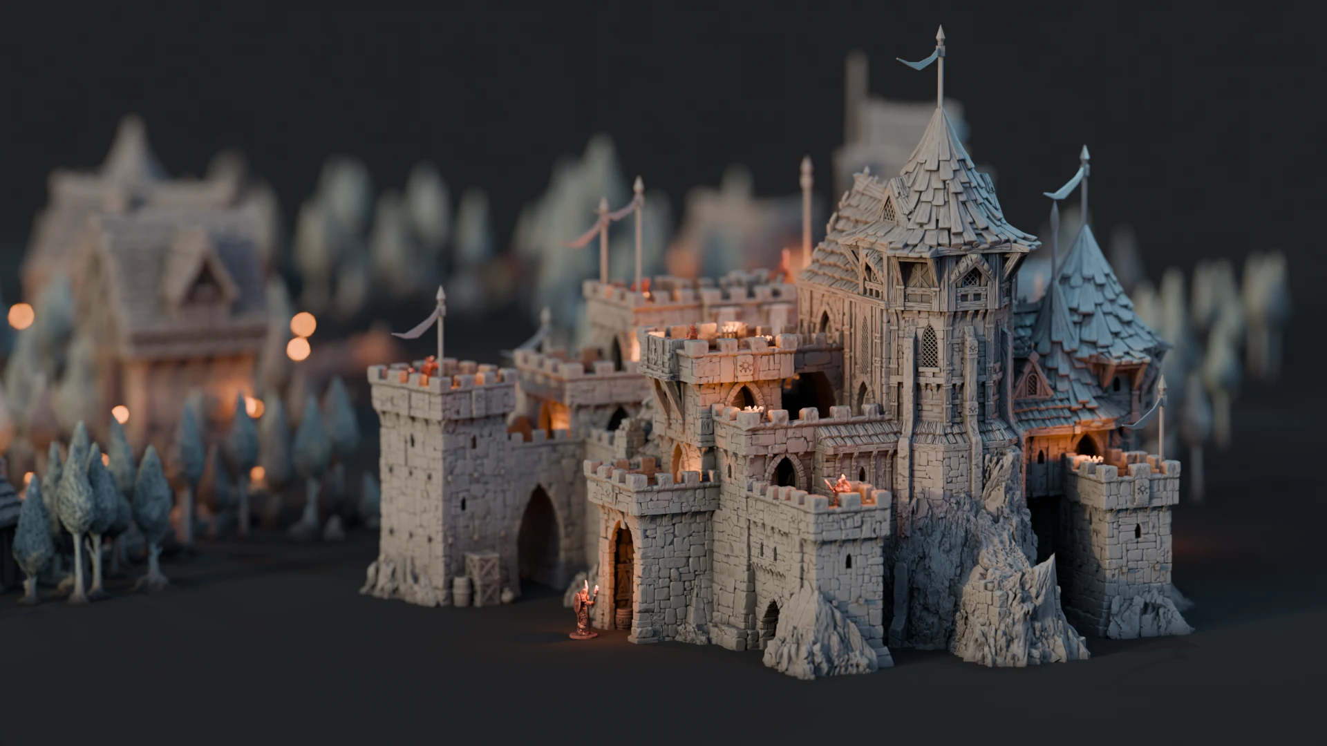 The illuminated towers and medieval buildings of Kingdom of Guardia 2