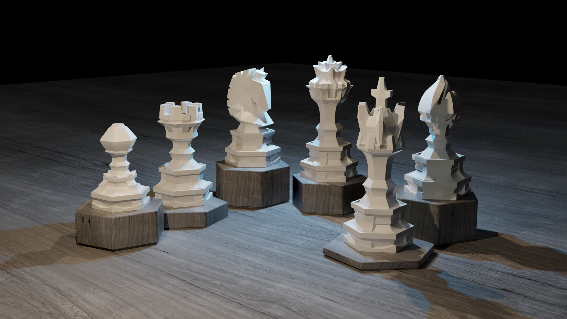 Six faceted chess pieces from the original Hexchess set