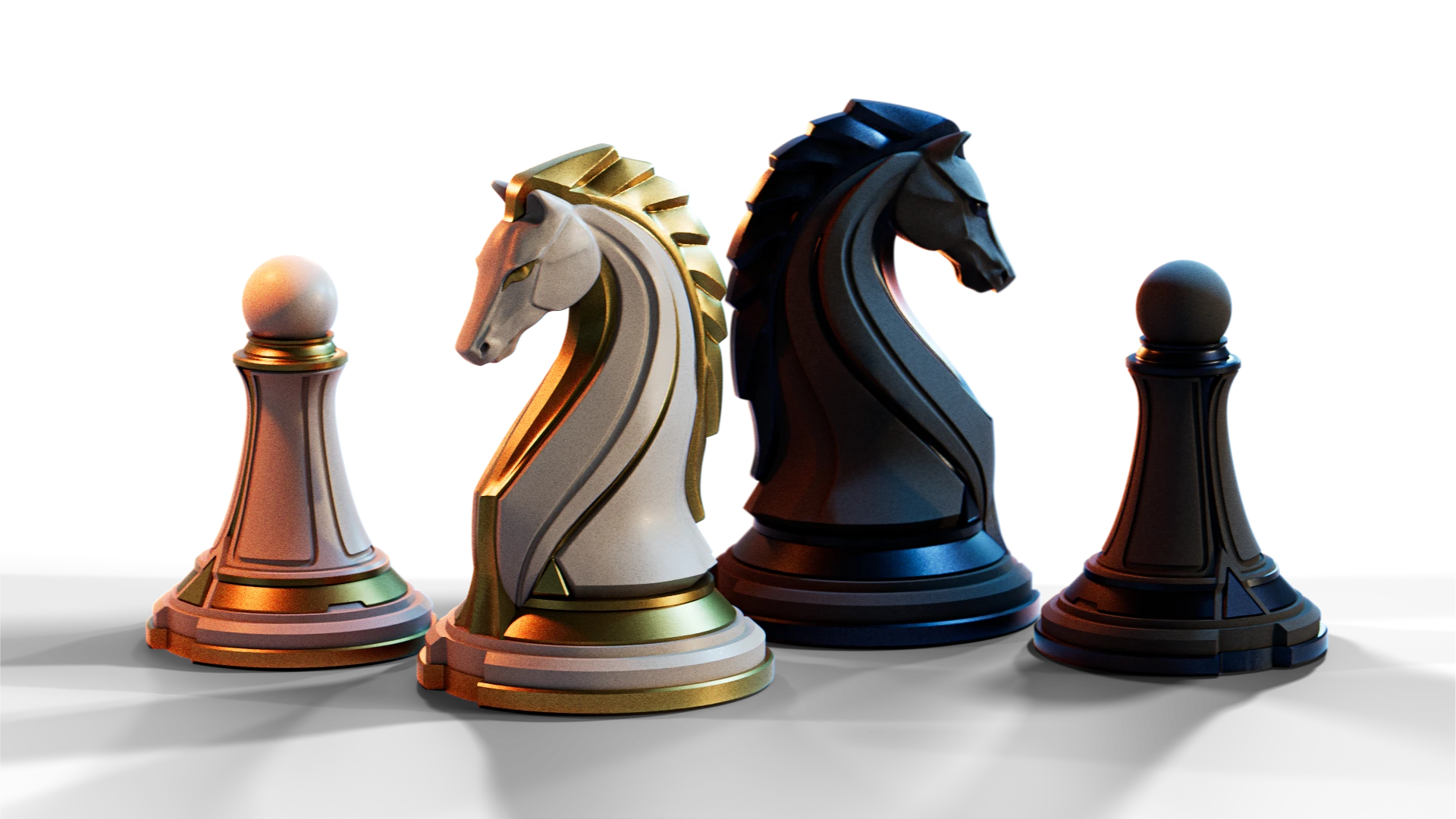 Gold and dark sculpted horse knights with matching pawns from Hexchess