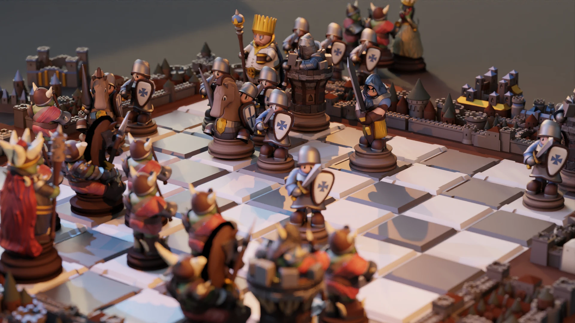 Knights and ogres face each other on a Hexchess Legends board