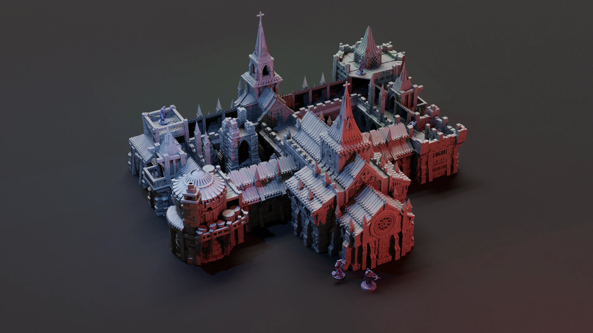 The Monastery church, enclosed courtyard, towers, and circular annex