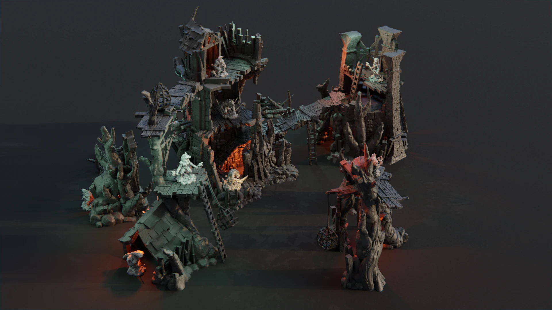 Ruined stone towers, timber walkways, and trolls from Ruins of Guardia